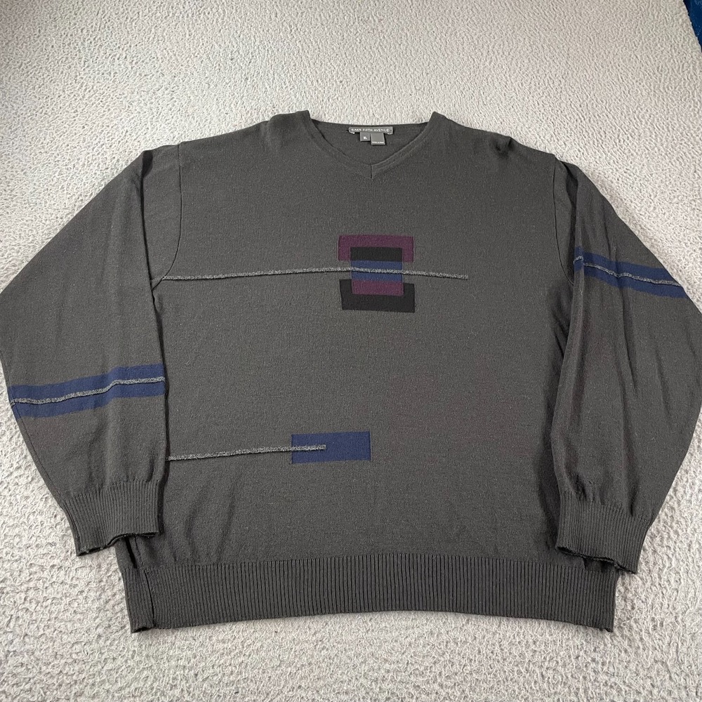 Saks Fifth Avenue Men's Wool Acrylic Dark Grey Pullover V-Neck Sweater XL